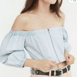 BDG Blue Denim Zip Front Long Sleeve Crop Top EUC